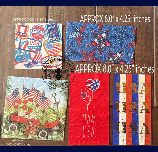 Patriotic Napkin Bundle Set 4, Decoupage, Ephemera, Craft Supplies, Mixed Media, Journaling, ATC, Red, White, Blue, Floral, Stripes, Set / 5