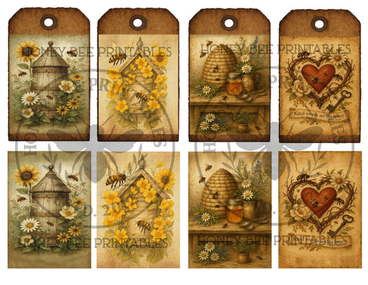 Digital Download, Printable, Decoupage, Primitive, ATC Card, Tags, Honey, Bee, Apiary, Skep, Honey Pot, Honey Jar, Wildflowers, Set 2