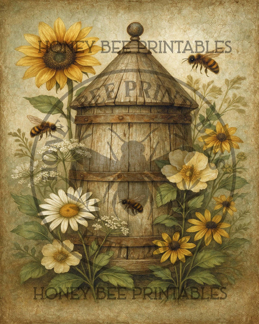 Bee Hive, Honey, Sunflowers, Daisies, Honey Bee, Apiary,  8x10, Digital Download, Decoupage, Primitive, Craft Supplies, Vintage, Summer