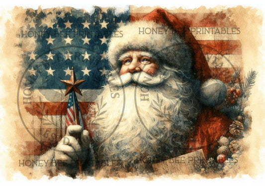 Digital Download, Printable, Decoupage, Primitive, Craft Supplies, Santa Claus, Old World Santa,  Americana, Patriotic, Flag, Star , A4
