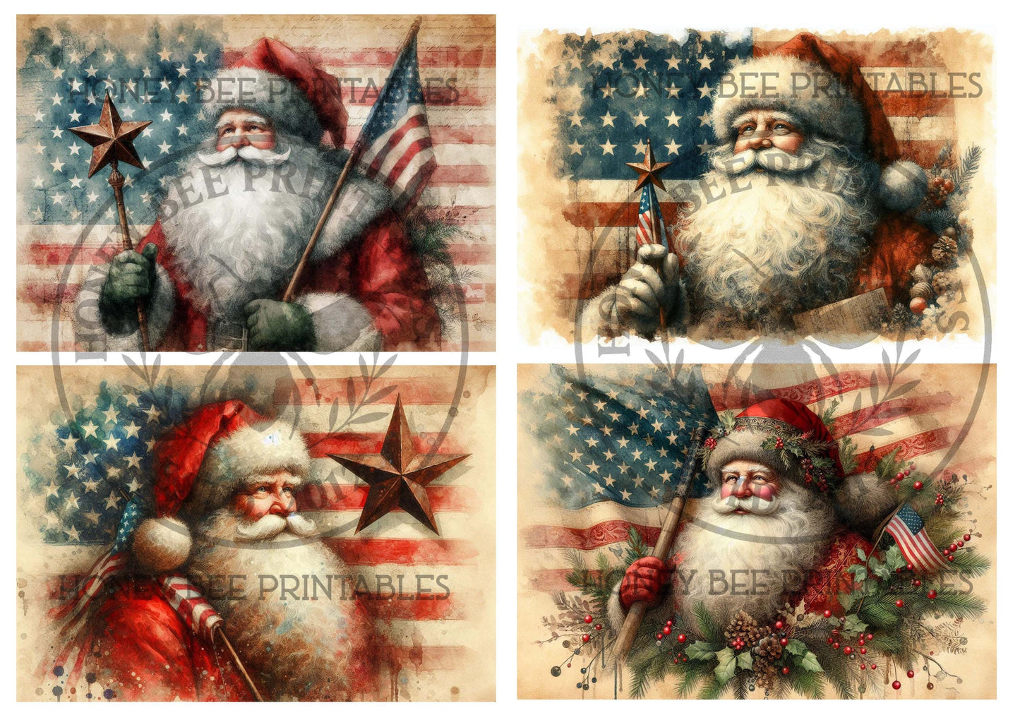 Digital Download, Printable, Decoupage, Primitive, Craft Supplies, A4, Old World Santa, Patriotic Santa, Americana, Flag, Rusty Star, Set/4