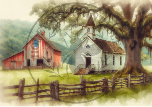 Digital Download, Printable, Decoupage, Primitive, Craft Supplies, Vintage, Americana, Patriotic, A4, Old White Chapel, Red Barn, Flag, 2