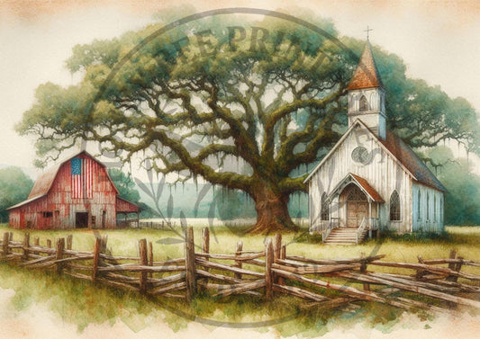 Digital Download, Printable, Decoupage, Primitive, Craft Supplies, Vintage, Americana, Patriotic, A4, Old White Chapel, Red Barn, Flag, 3