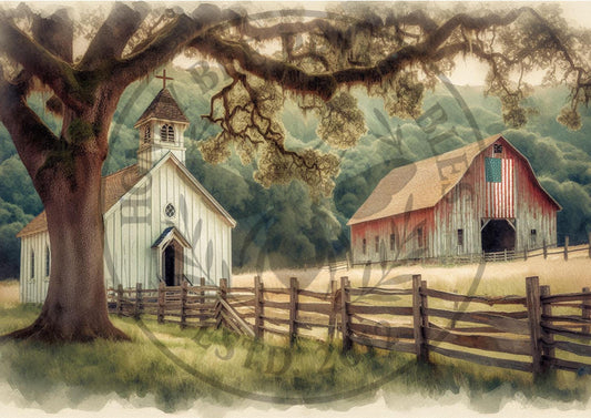 Digital Download, Printable, Decoupage, Primitive, Craft Supplies, Vintage, Americana, Patriotic, A4, Old White Chapel, Red Barn, Flag, 4