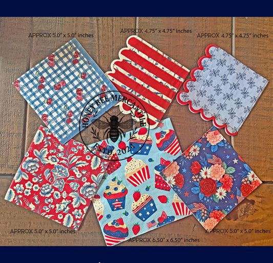 Patriotic Napkin Bundle Set 1, Decoupage, Ephemera, Craft Supplies, Mixed Media, Journaling, ATC, Red, White, Blue, Floral, Stripes, Set / 6