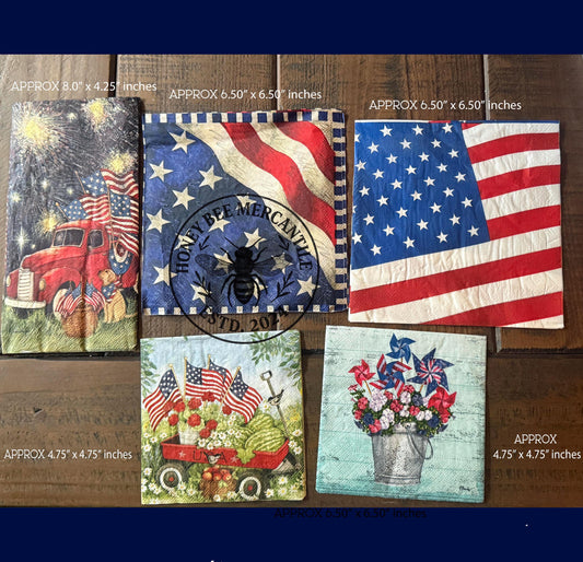 Patriotic Napkin Bundle Set 2, Decoupage, Ephemera, Craft Supplies, Mixed Media, Journaling, ATC, Red, White, Blue, Floral, Stripes, Set / 5