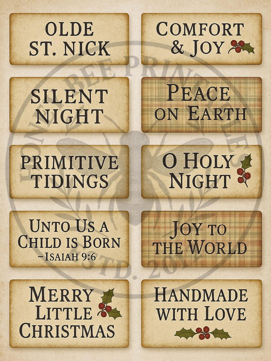 Digital Download, Printable, Decoupage, Primitive, Christmas Labels, Olde St. Nick, O Holy Night, Silent Night, Handmade, Jars, Cans, Crafts