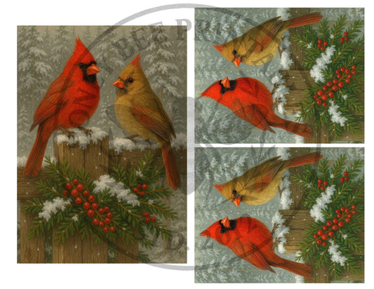 Digital Download, Cardinal, Red Birds, Winter, Christmas, Snow, Berries, Birds, Woodland, Printable, Decoupage, Primitive, Vintage, 5x7, 4x5