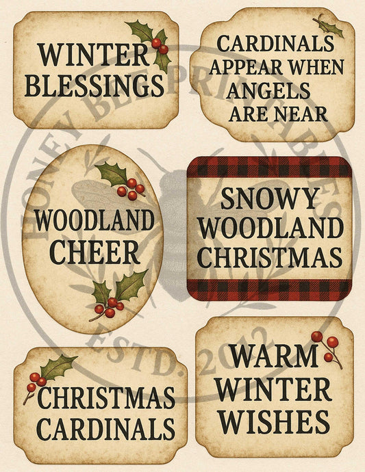 Digital Download, Printable, Decoupage, Christmas, Winter, Primitive Labels, Cardinals, Woodland, Red Birds, Snow, Jars, Cans, Crafts,