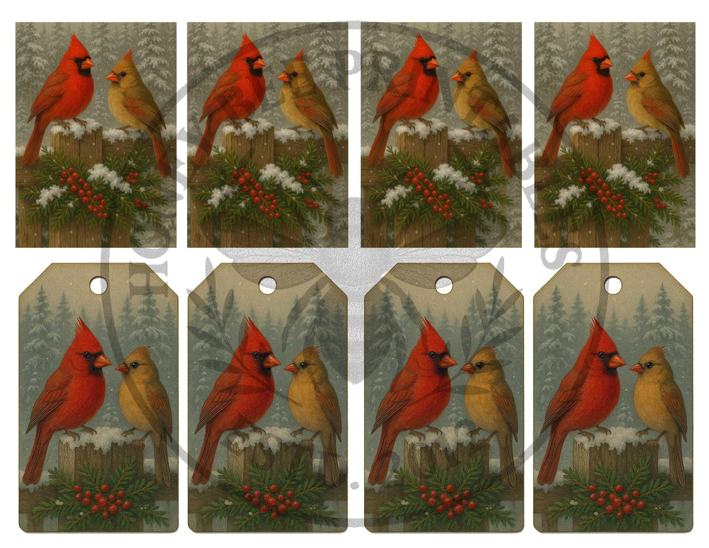 Digital Download, Printable, Decoupage, Primitive, ATC Card, Tags, Cardinals, Red Birds, Winter, Christmas, Snow, Berries, Birds, Woodland