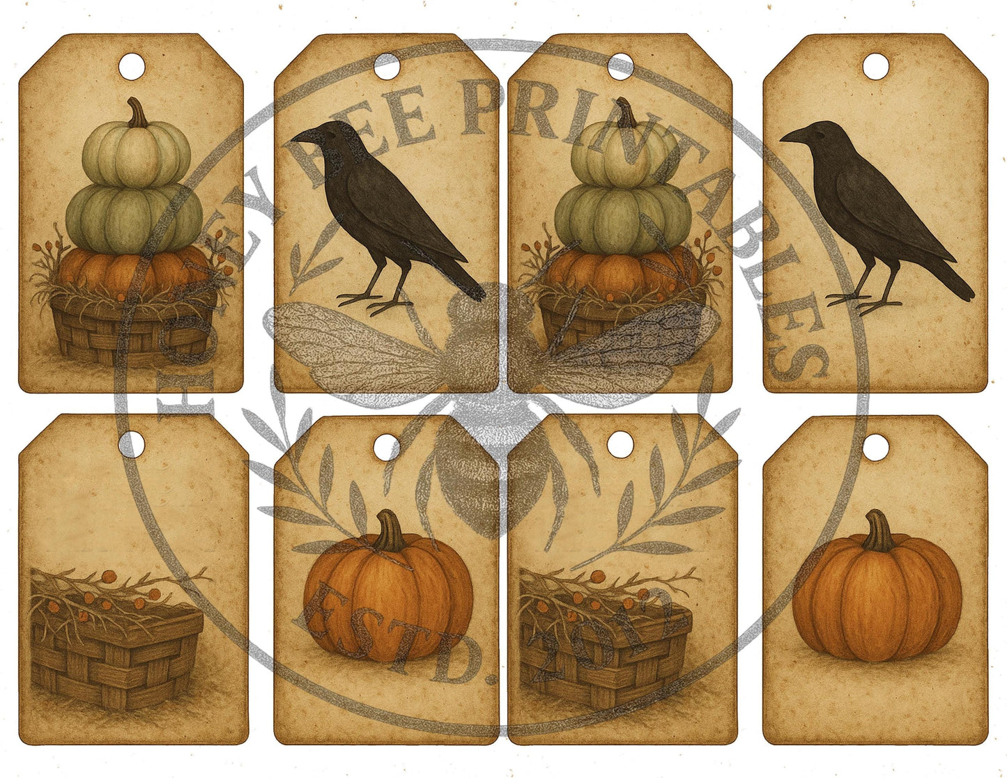 Vintage Digital Download Printable Decoupage Primitive, Pumpkin Patch Harvest Bundle Decoupage Kit, Fall, Autumn, Pumpkins, Harvest, Crows