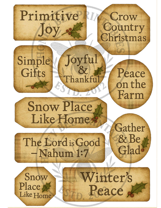 Digital Download, Printable, Decoupage, Primitive, Christmas Labels, Handmade, Jars, Cans, Crafts, Set 3, Snow, Crow, Primitive Joy, Peace