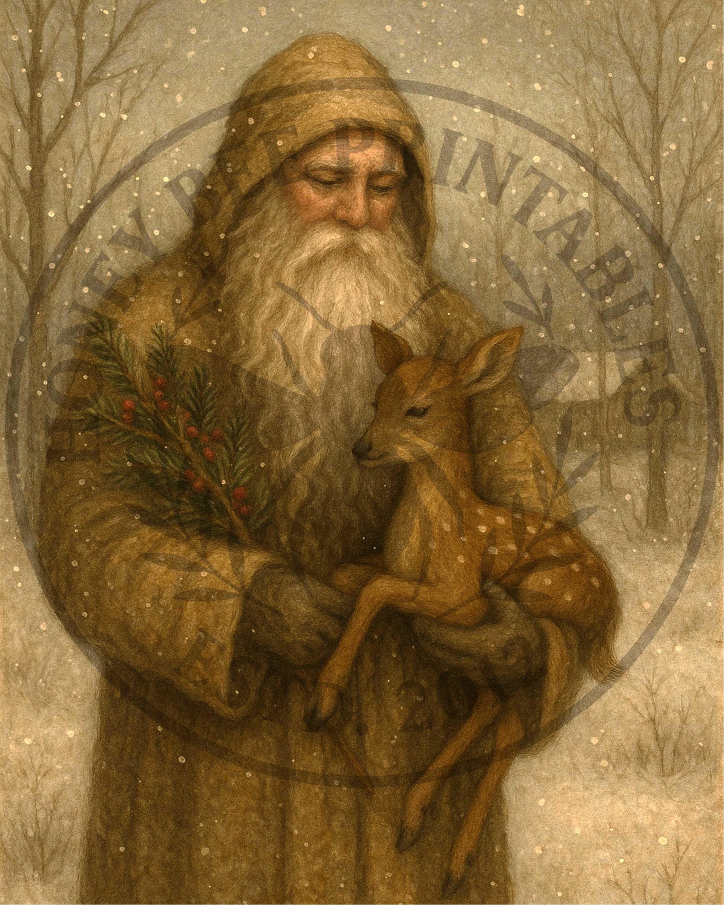 Digital Download, Printable, Decoupage, Primitive, Vintage, Old World Santa, Santa, Father Christmas, Baby Deer, Fawn, Christmas, Snow, 8x10