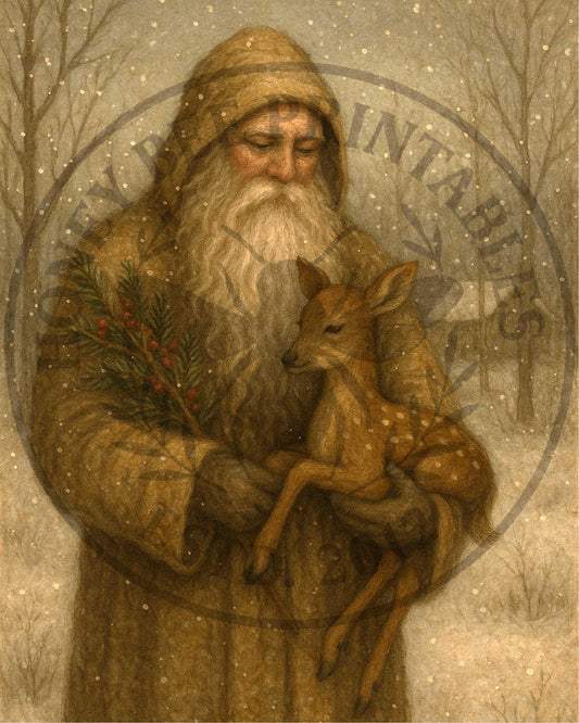 Digital Download, Printable, Decoupage, Primitive, Vintage, Old World Santa, Santa, Father Christmas, Baby Deer, Fawn, Christmas, Snow, 8x10