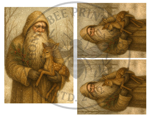 Digital Download, Old World Santa, Fawn, Baby Deer, Winter, Father Christmas, Winter, Printable, Decoupage, Primitive, Vintage, 5x7, 4x5