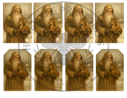 Digital Download, Printable, Decoupage, Primitive, ATC Card, Tags, Old World Santa, Father Christmas, Fawn, Baby Deer, Christmas, Winter