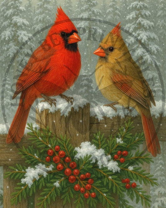 Digital Download, Printable, Decoupage, Primitive, Vintage, Cardinals, Red Birds, Winter, Christmas, Snow, Berries, Birds, Woodland, 8x10
