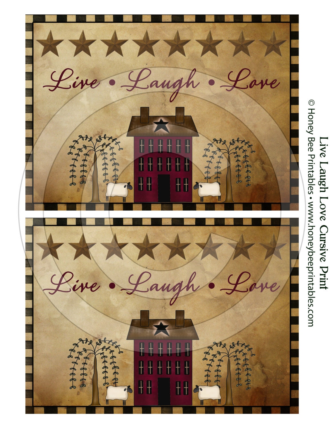 Primitive Live Laugh Love Willow Saltbox Printable Digital Art Print 5x7 JPEG File  Instant Download  Use: Pillows,Framed Prints,Labels