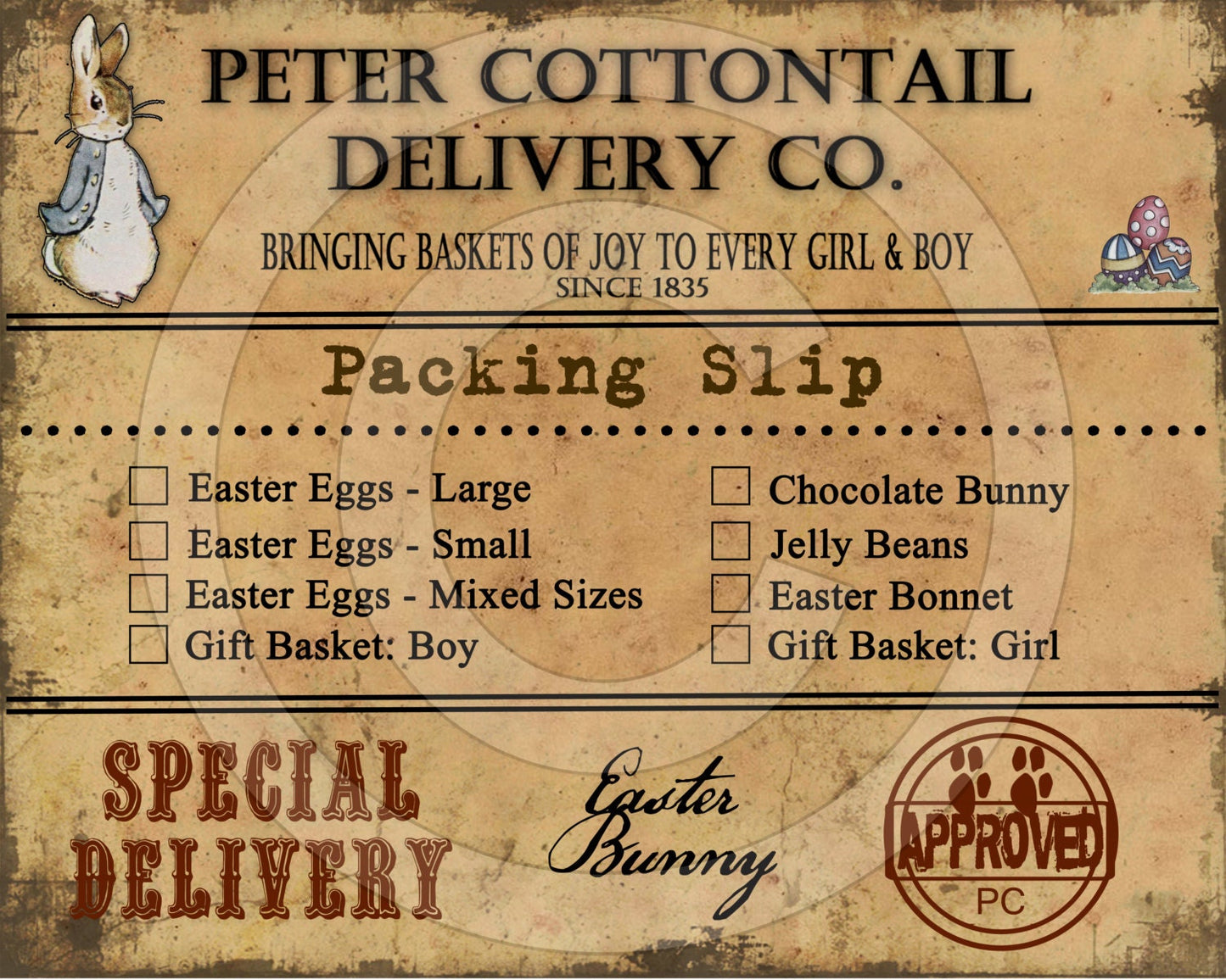 Prim Easter Peter Cottontail Delivery Co Packing Slip Feedsack Feed Sack Logo Printable Digital JPEG Instant Download Art Print