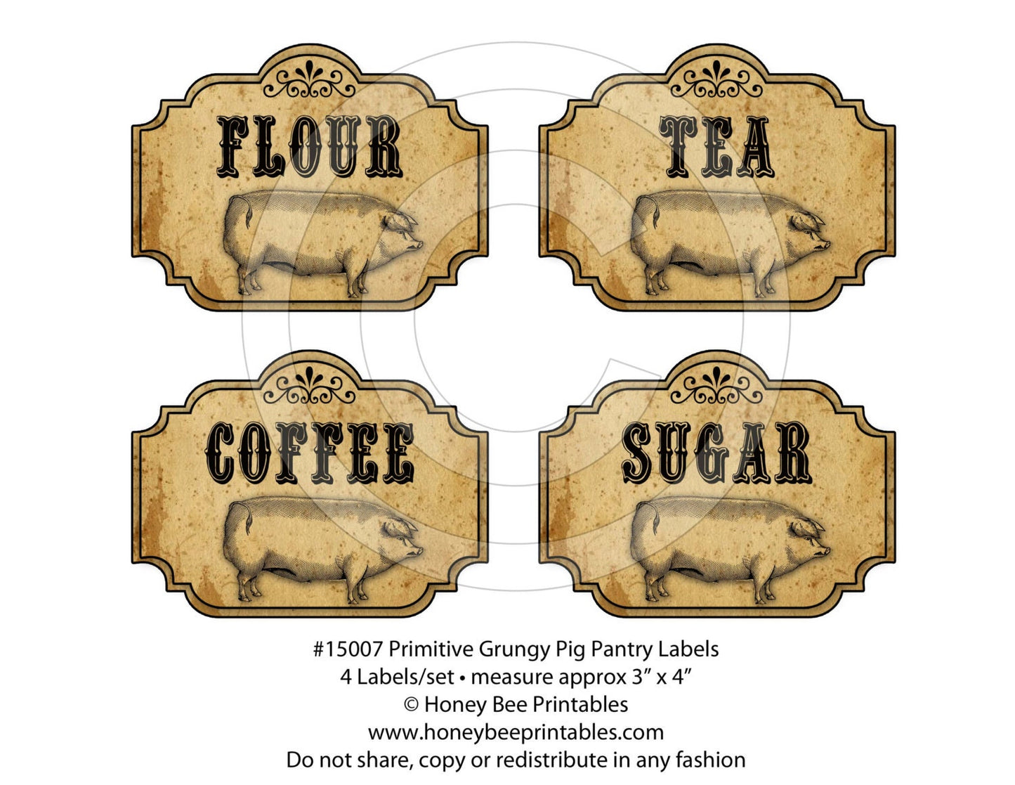 Primitive Grungy Kitchen Pantry Farmhouse Labels Pig - Printable Digital JPEG-Instant Download -15007 Crocks Jars Canister