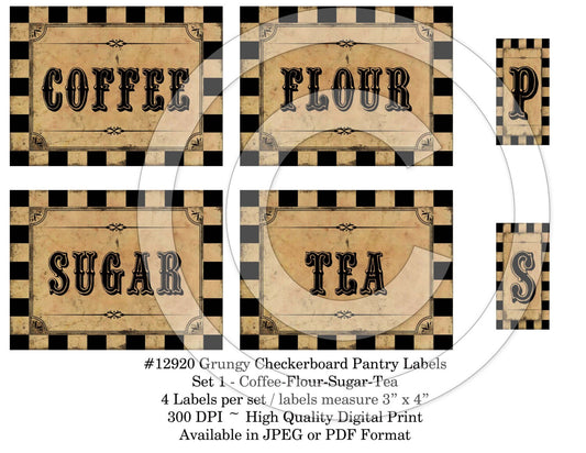 Primitive Grungy Black Checkered Kitchen Pantry Farmhouse Labels - Printable Digital JPEG - Instant Download -12920 Set 1  for Crocks Jars