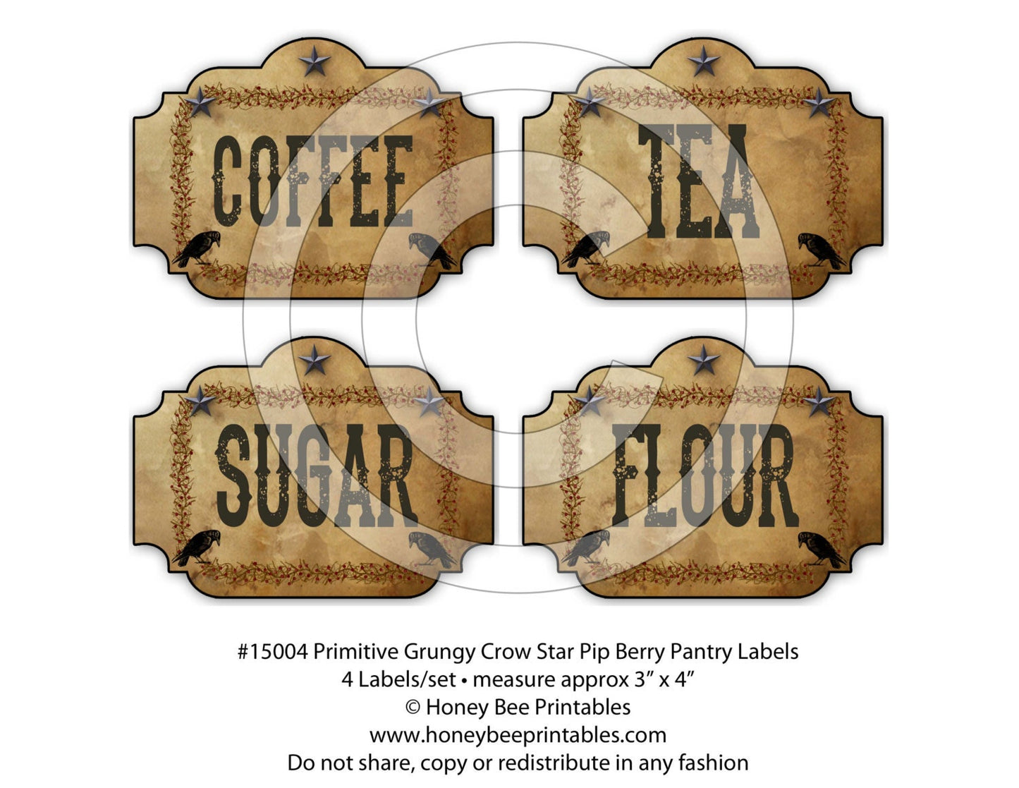 Primitive Crow Star Pip Kitchen Pantry Farmhouse Labels Logo - Printable Digital JPEG - Instant Download -15004 for Crocks Jars Canisters