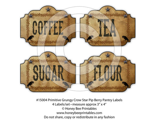 Primitive Crow Star Pip Kitchen Pantry Farmhouse Labels Logo - Printable Digital JPEG - Instant Download -15004 for Crocks Jars Canisters