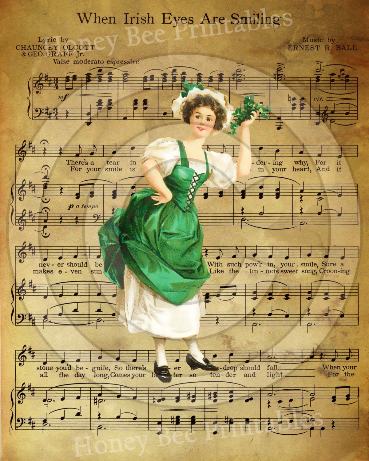 Prim Vintage Sheet Music When Irish Eyes Are Smiling St Patrick Feedsack Feed Sack Logo Printable Digital Instant Download Print Label