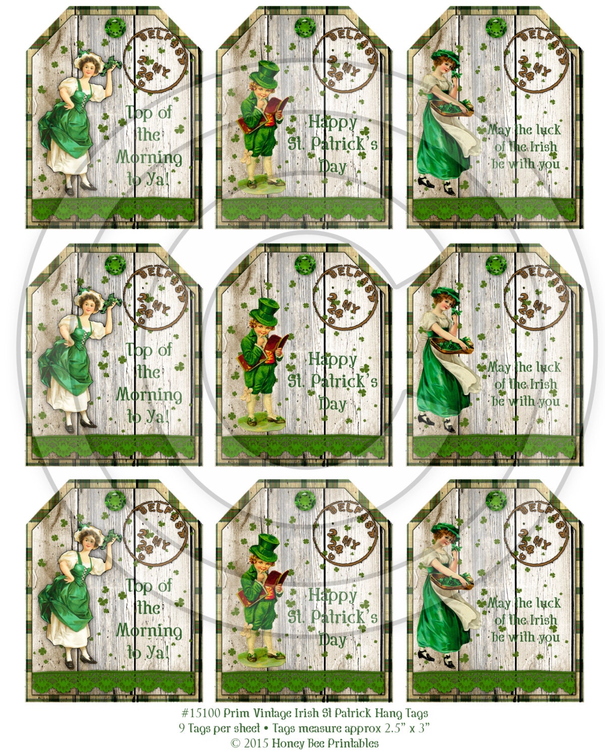 Prim Vintage Irish St Patrick Hang Tags 15100 Printable Digital JPEG File Instant Download Uses Dolls Bears Gifts Scrapbooking