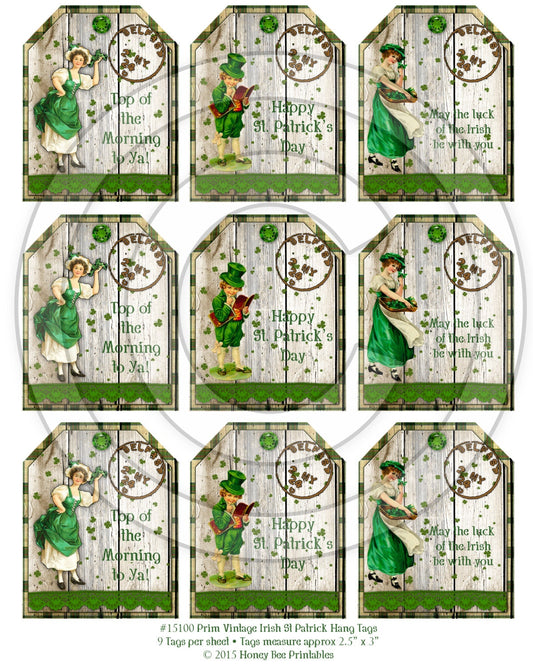 Prim Vintage Irish St Patrick Hang Tags 15100 Printable Digital JPEG File Instant Download Uses Dolls Bears Gifts Scrapbooking