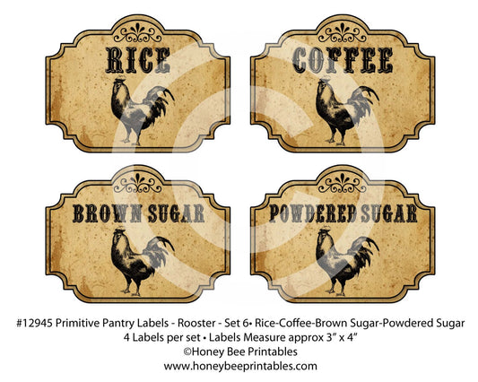 Primitive Rooster Kitchen Pantry Farmhouse Labels Set #6-Printable Digital JPEG - Instant Download - 12945 Jars, crock, crates, books