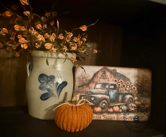 Farm Fresh Harvest Wood Shelf Sitter, Vintage Truck, Pumpkins, Sunflowers, Barn