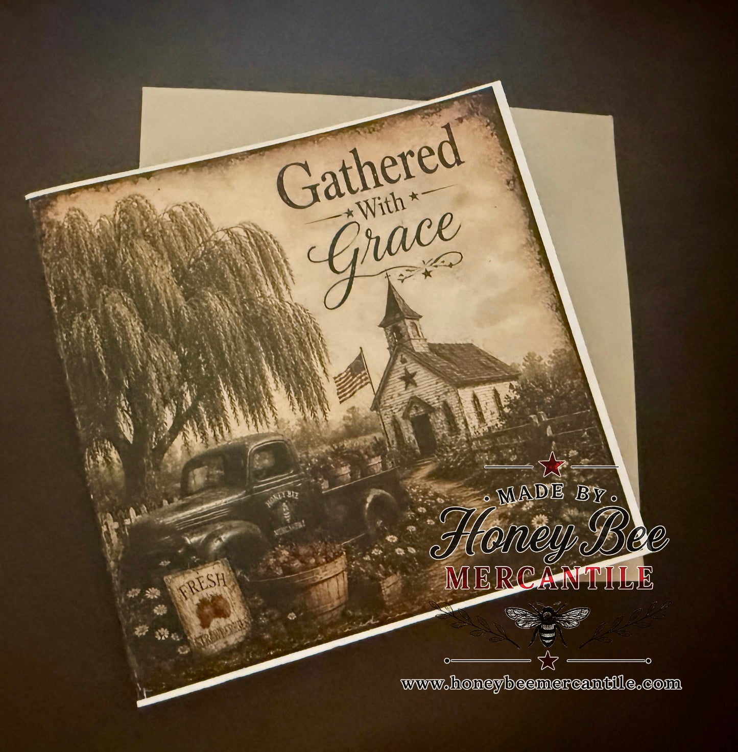 Gathered With Grace Note Card, Church and Picnic, 5.25x5.25" square