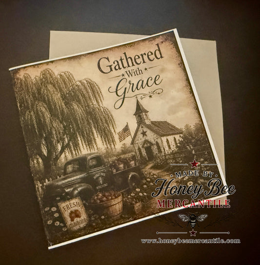Gathered With Grace Note Card, Church and Picnic, 5.25x5.25" square