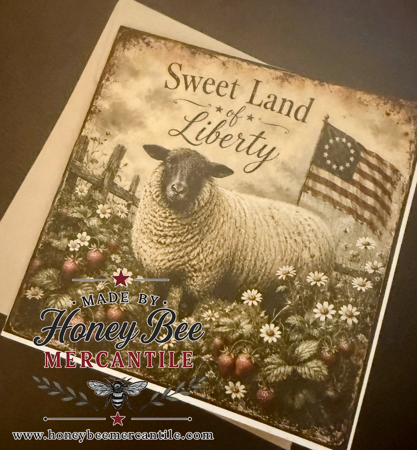 Sweet Land of Liberty Note Card, Sheep and Flag, 5.25x5.25" square