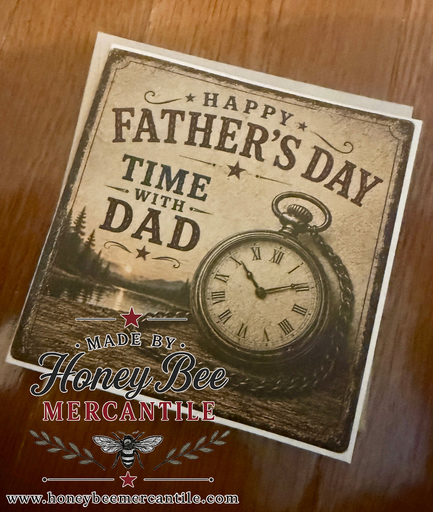Happy Father's Day Note Card, Time With Dad, Vintage Pocketwatch Design, 5.25x5.25" square