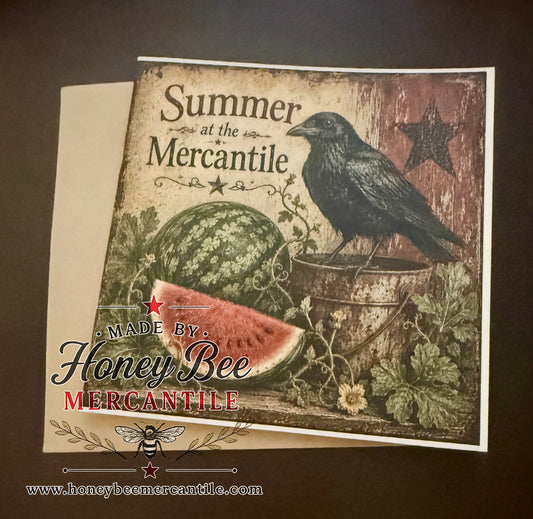 Summer At The Mercantile Note Card, Crow and Watermelon, 5.25x5.25" square
