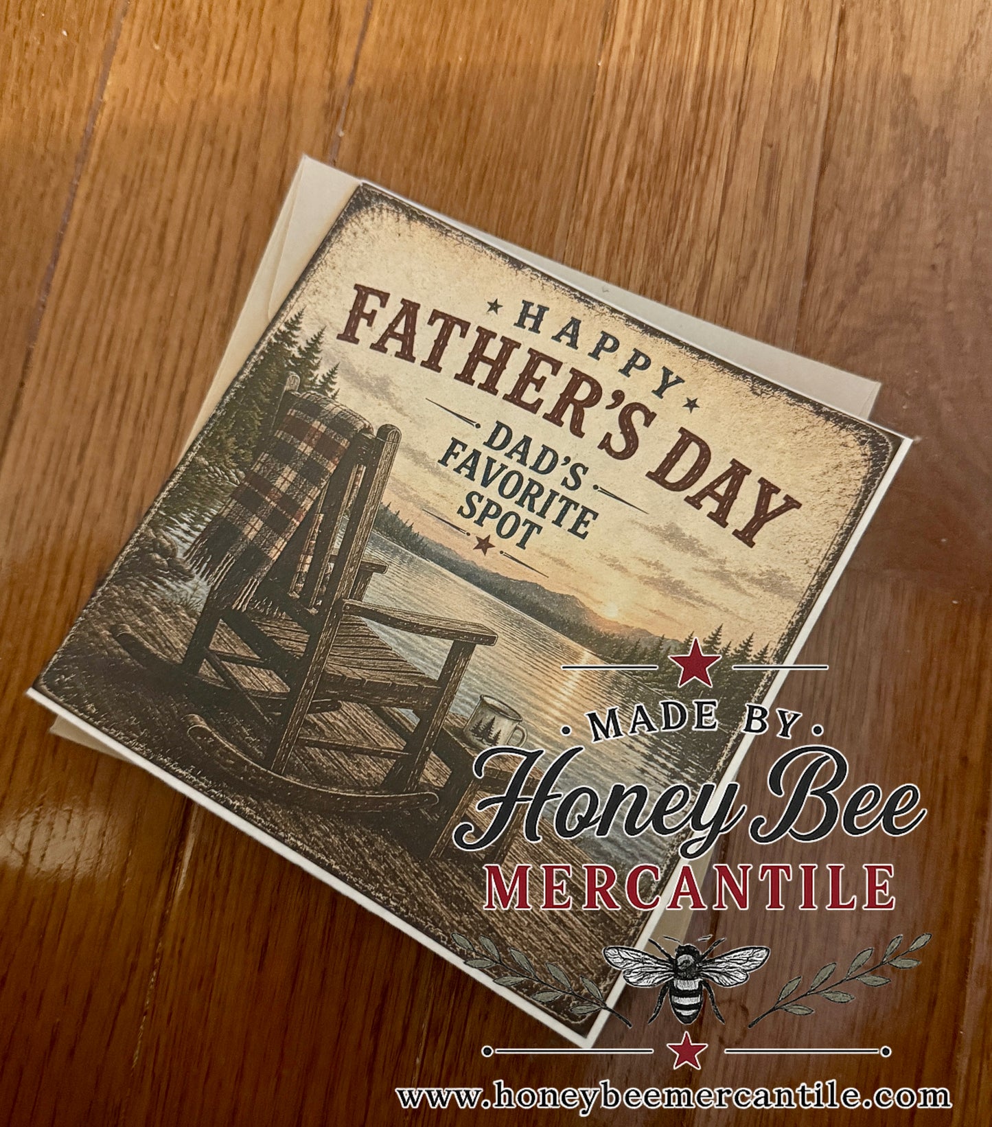Happy Father's Day Note Card, Dad's Favorite Spot, Rocking Chair and Lake, 5.25x5.25" square