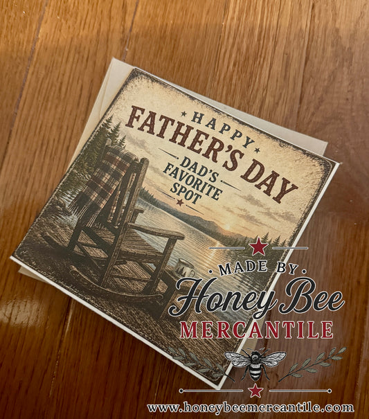 Happy Father's Day Note Card, Dad's Favorite Spot, Rocking Chair and Lake, 5.25x5.25" square